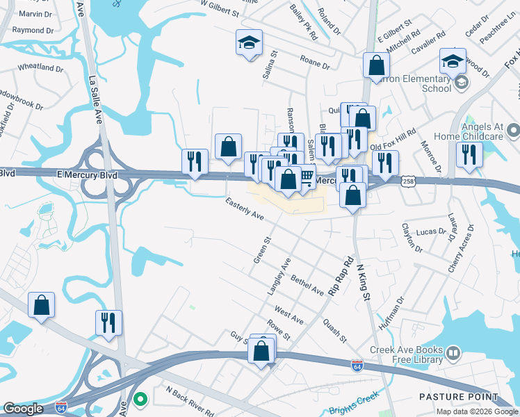 map of restaurants, bars, coffee shops, grocery stores, and more near 1250 Easterly Avenue in Hampton