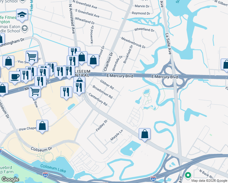 map of restaurants, bars, coffee shops, grocery stores, and more near 1811 Gildner Road in Hampton