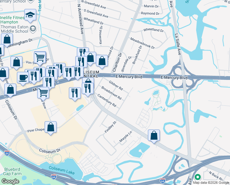 map of restaurants, bars, coffee shops, grocery stores, and more near 1811 Gildner Road in Hampton