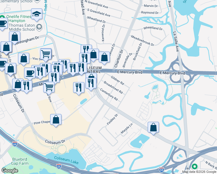 map of restaurants, bars, coffee shops, grocery stores, and more near 1818 Broadstreet Road in Hampton