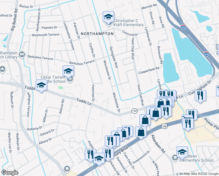 map of restaurants, bars, coffee shops, grocery stores, and more near 132 Winchester Drive in Hampton