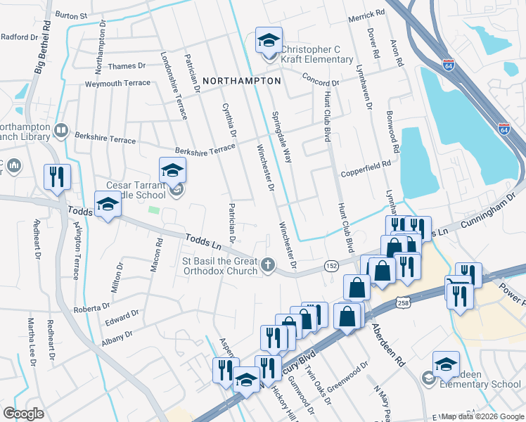 map of restaurants, bars, coffee shops, grocery stores, and more near 104 Cynthia Drive in Hampton