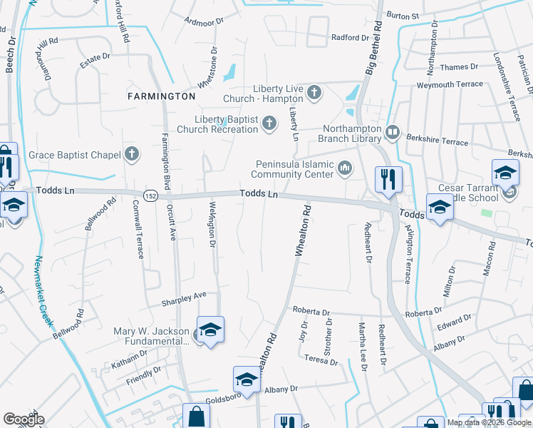 map of restaurants, bars, coffee shops, grocery stores, and more near 3 Warner Road in Hampton