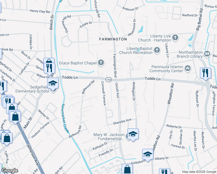map of restaurants, bars, coffee shops, grocery stores, and more near 7 Cornwall Terrace in Hampton
