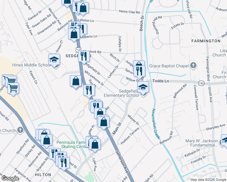 map of restaurants, bars, coffee shops, grocery stores, and more near 710 Sedgefield Drive in Newport News