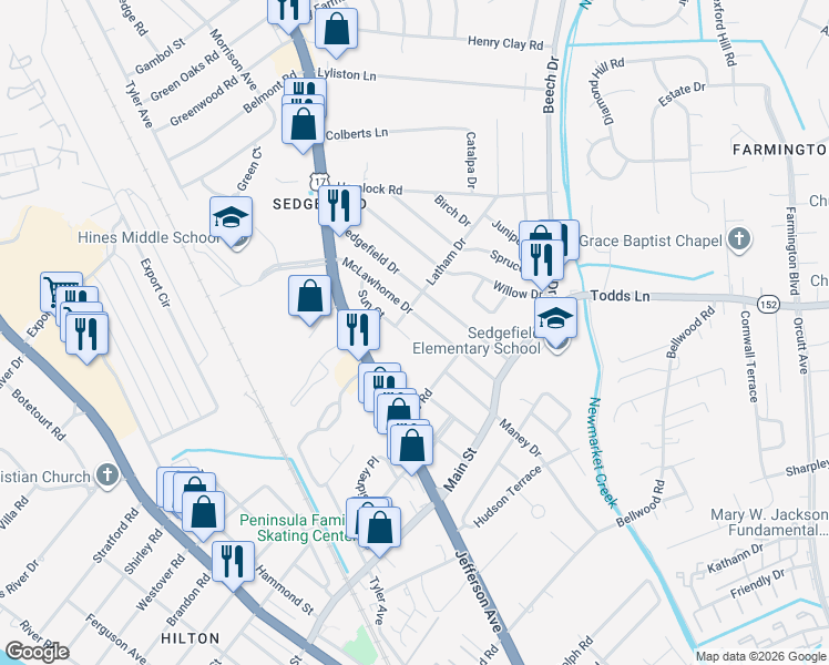 map of restaurants, bars, coffee shops, grocery stores, and more near 700 McLawhorne Drive in Newport News