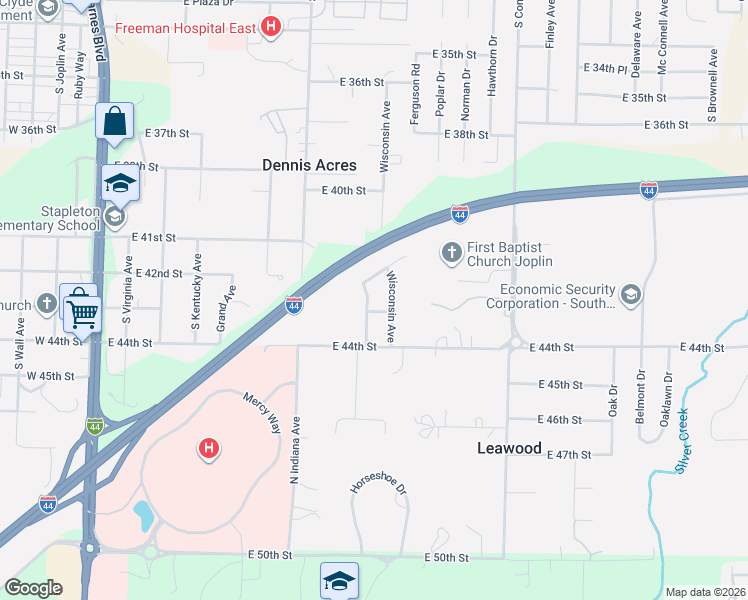 map of restaurants, bars, coffee shops, grocery stores, and more near 4213 Wisconsin Ave in Joplin