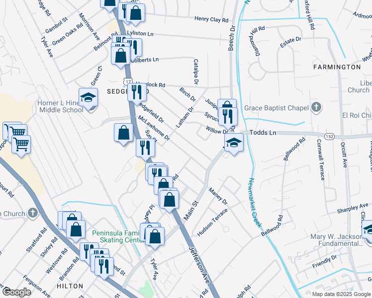 map of restaurants, bars, coffee shops, grocery stores, and more near 713 McLawhorne Drive in Newport News