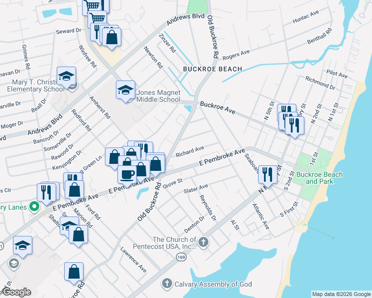 map of restaurants, bars, coffee shops, grocery stores, and more near 725 Burgess Avenue in Hampton
