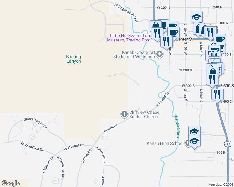 map of restaurants, bars, coffee shops, grocery stores, and more near in Kanab