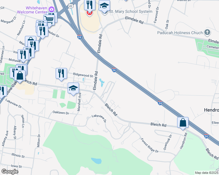 map of restaurants, bars, coffee shops, grocery stores, and more near Trailer Park Road in Paducah