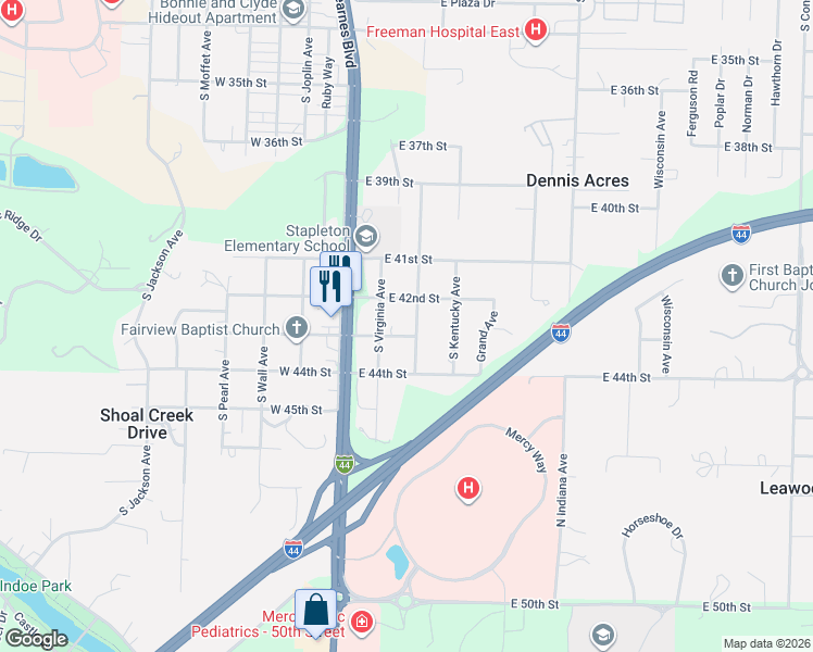 map of restaurants, bars, coffee shops, grocery stores, and more near 4200-4298 Pennsylvania Ave in Joplin
