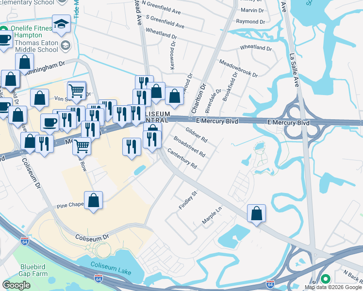 map of restaurants, bars, coffee shops, grocery stores, and more near 1818 Broadstreet Road in Hampton