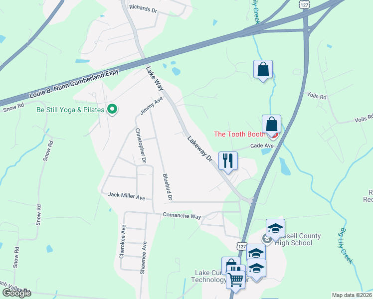 map of restaurants, bars, coffee shops, grocery stores, and more near Lake Way Drive in Russell Springs