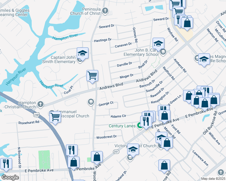 map of restaurants, bars, coffee shops, grocery stores, and more near 1801 Bancroft Drive in Hampton