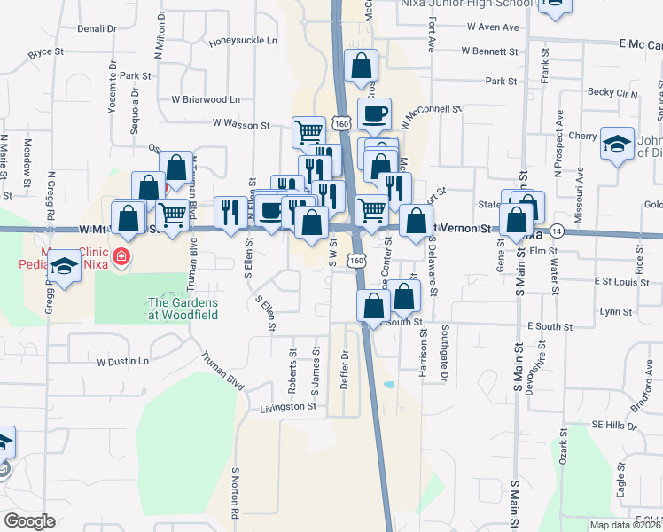 map of restaurants, bars, coffee shops, grocery stores, and more near 101-299 West Street in Nixa