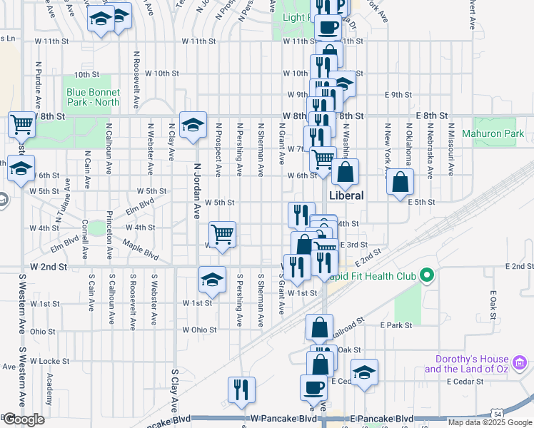 map of restaurants, bars, coffee shops, grocery stores, and more near 401-499 N Sherman Ave in Liberal