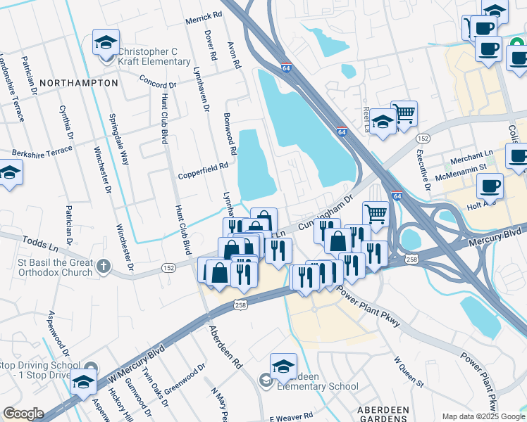 map of restaurants, bars, coffee shops, grocery stores, and more near 19 Lakeshore Drive in Hampton