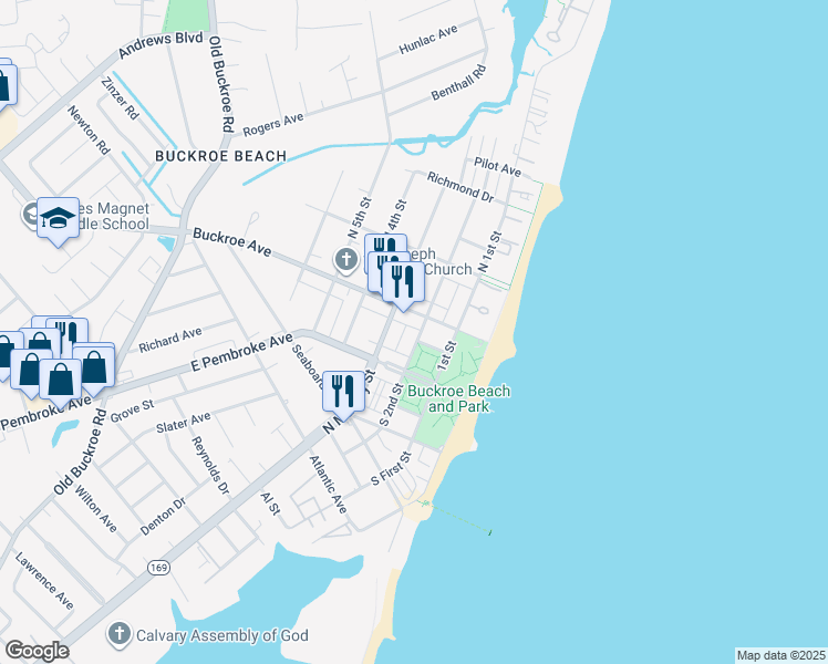 map of restaurants, bars, coffee shops, grocery stores, and more near 1916 North Mallory Street in Hampton