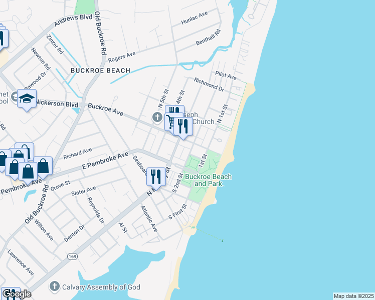 map of restaurants, bars, coffee shops, grocery stores, and more near 1916 North Mallory Street in Hampton