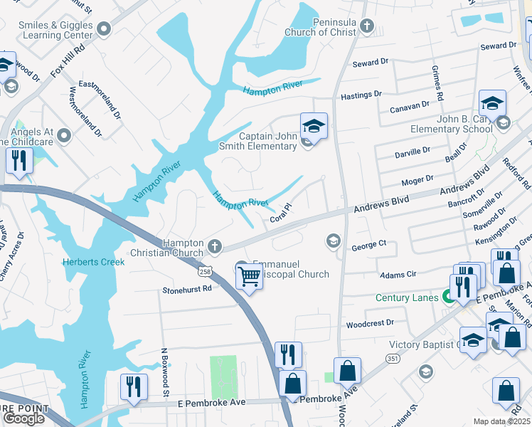 map of restaurants, bars, coffee shops, grocery stores, and more near 305 North Starfish Court in Hampton