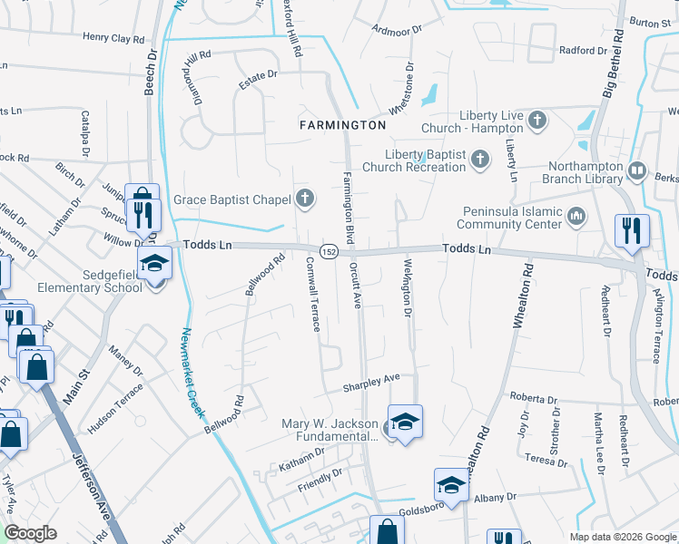 map of restaurants, bars, coffee shops, grocery stores, and more near in Hampton