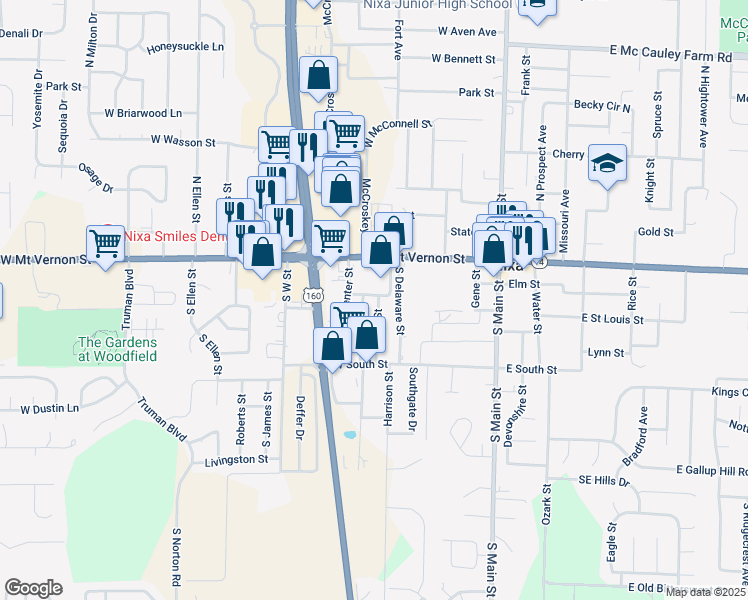 map of restaurants, bars, coffee shops, grocery stores, and more near 300 West Mount Vernon Street in Nixa
