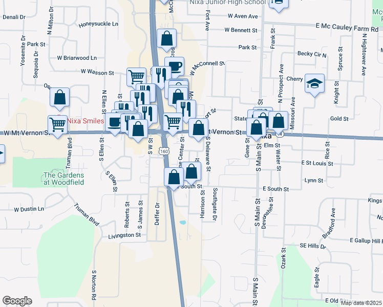 map of restaurants, bars, coffee shops, grocery stores, and more near 300 West Mount Vernon Street in Nixa