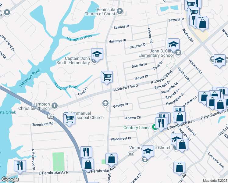 map of restaurants, bars, coffee shops, grocery stores, and more near 344 Woodland Road in Hampton