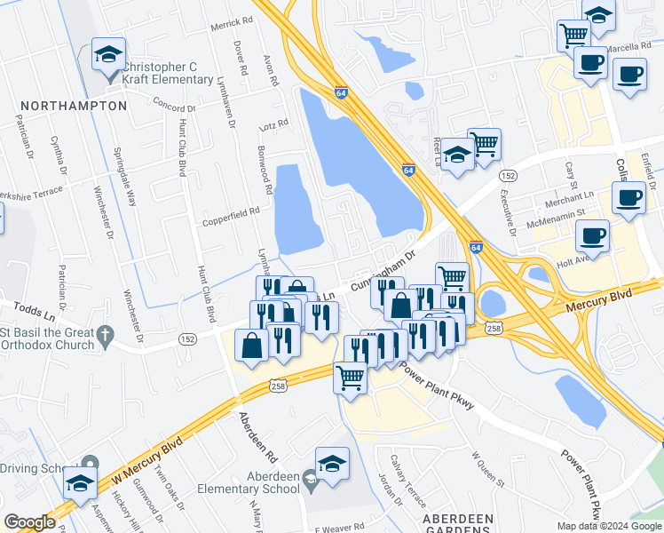 map of restaurants, bars, coffee shops, grocery stores, and more near 19 Lakeshore Drive in Hampton