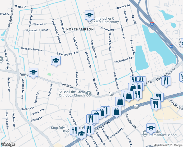 map of restaurants, bars, coffee shops, grocery stores, and more near 131 Winchester Drive in Hampton