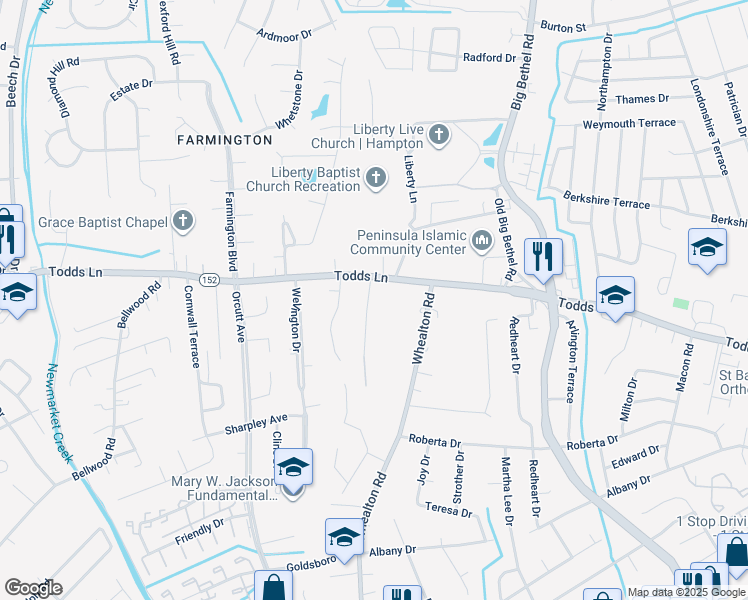 map of restaurants, bars, coffee shops, grocery stores, and more near 5 Warner Road in Hampton