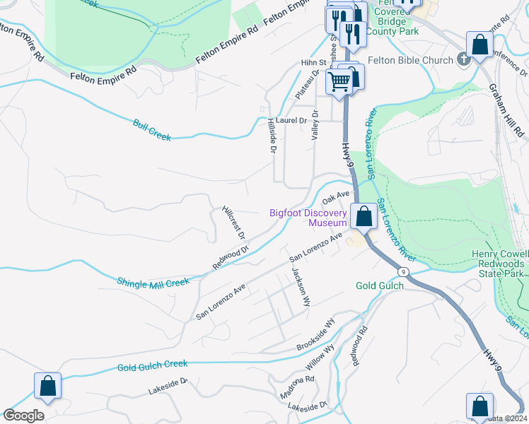 map of restaurants, bars, coffee shops, grocery stores, and more near 833 Skyline Drive in Felton
