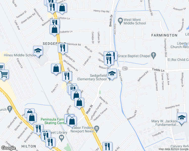 map of restaurants, bars, coffee shops, grocery stores, and more near 723 Sedgefield Drive in Newport News