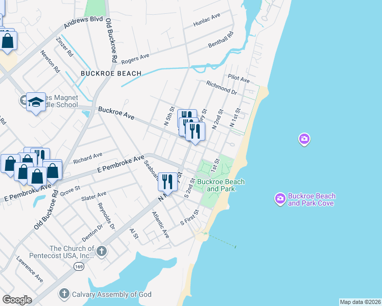 map of restaurants, bars, coffee shops, grocery stores, and more near 1916 North Mallory Street in Hampton