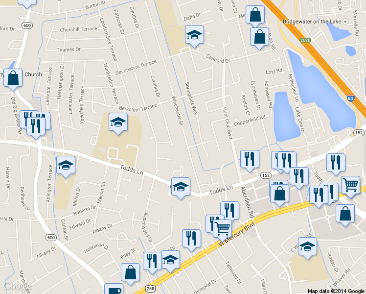 map of restaurants, bars, coffee shops, grocery stores, and more near 131 Winchester Drive in Hampton