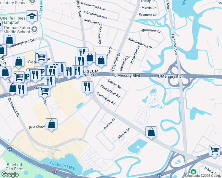 map of restaurants, bars, coffee shops, grocery stores, and more near 1818 Broadstreet Road in Hampton