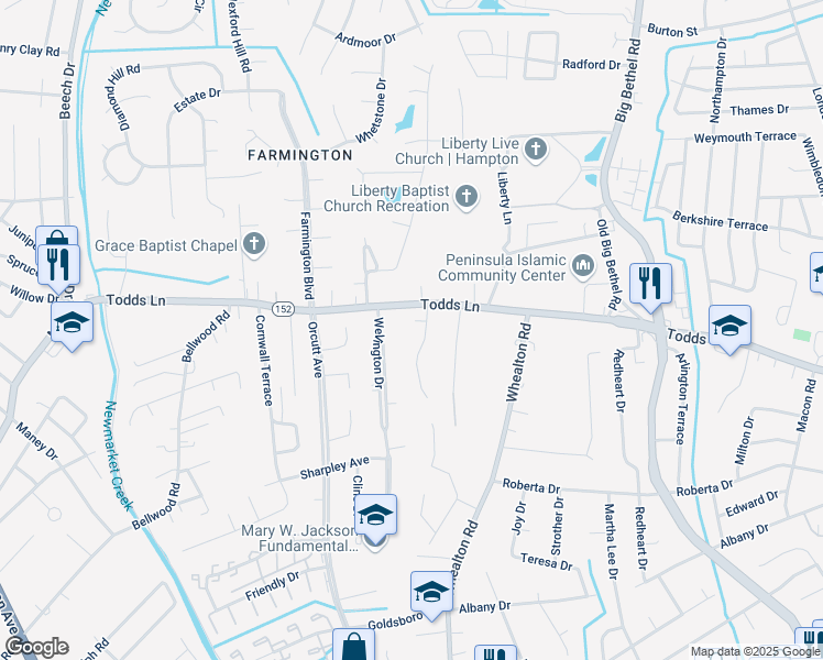 map of restaurants, bars, coffee shops, grocery stores, and more near 5 Lundy Lane in Hampton