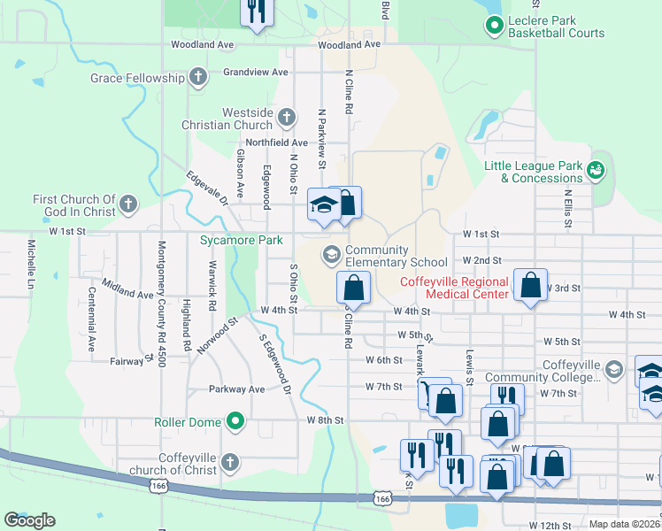 map of restaurants, bars, coffee shops, grocery stores, and more near 100-398 South Cline Road in Coffeyville