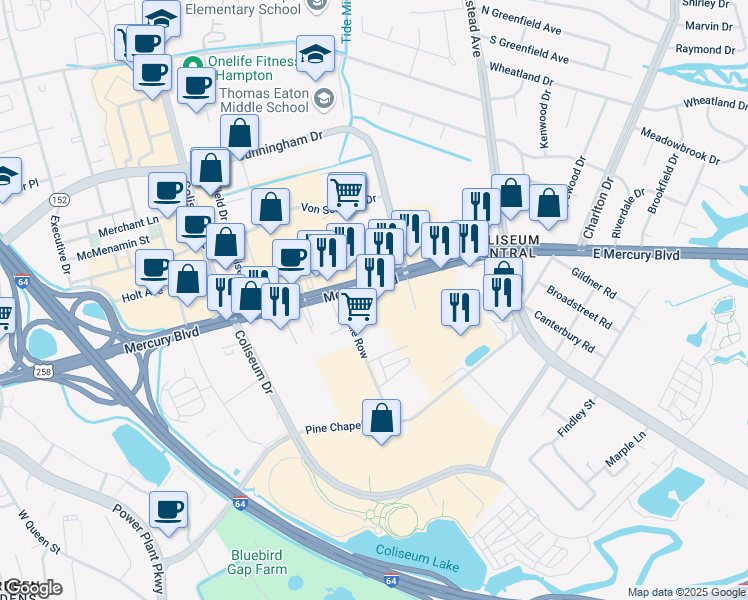 map of restaurants, bars, coffee shops, grocery stores, and more near 1049 West Mercury Boulevard in Hampton