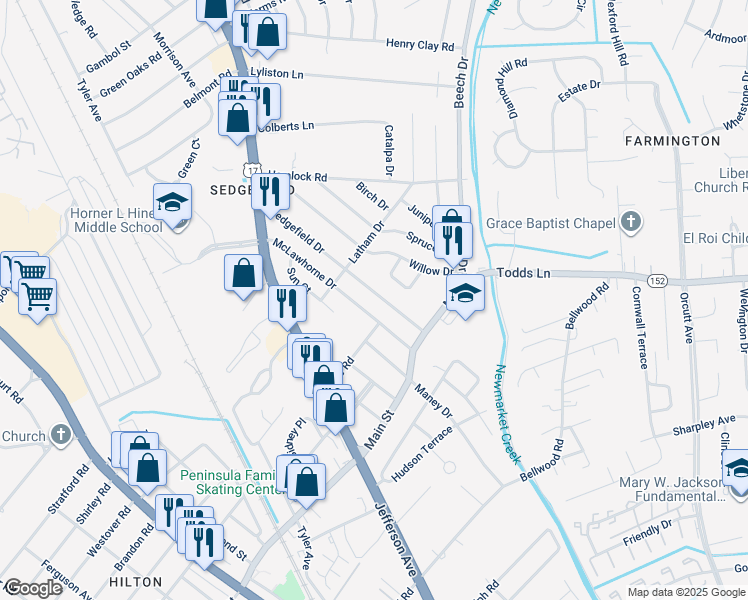 map of restaurants, bars, coffee shops, grocery stores, and more near 712 Sedgefield Drive in Newport News