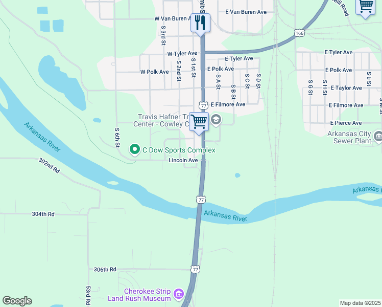 map of restaurants, bars, coffee shops, grocery stores, and more near 1711 South 1st Street in Arkansas City