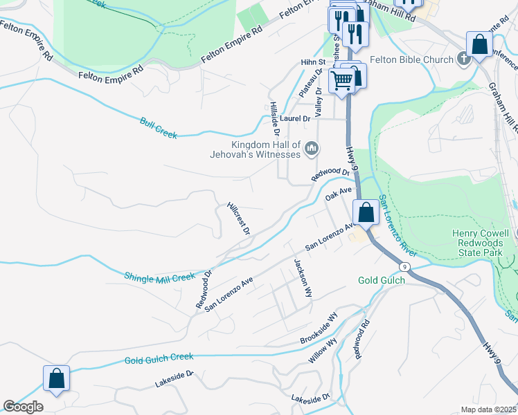 map of restaurants, bars, coffee shops, grocery stores, and more near 803 Skyline Drive in Felton
