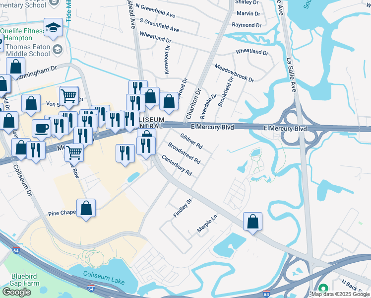 map of restaurants, bars, coffee shops, grocery stores, and more near 1818 Broadstreet Road in Hampton