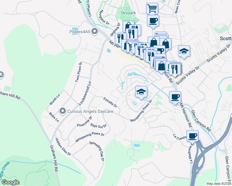 map of restaurants, bars, coffee shops, grocery stores, and more near 361 Collado Drive in Scotts Valley