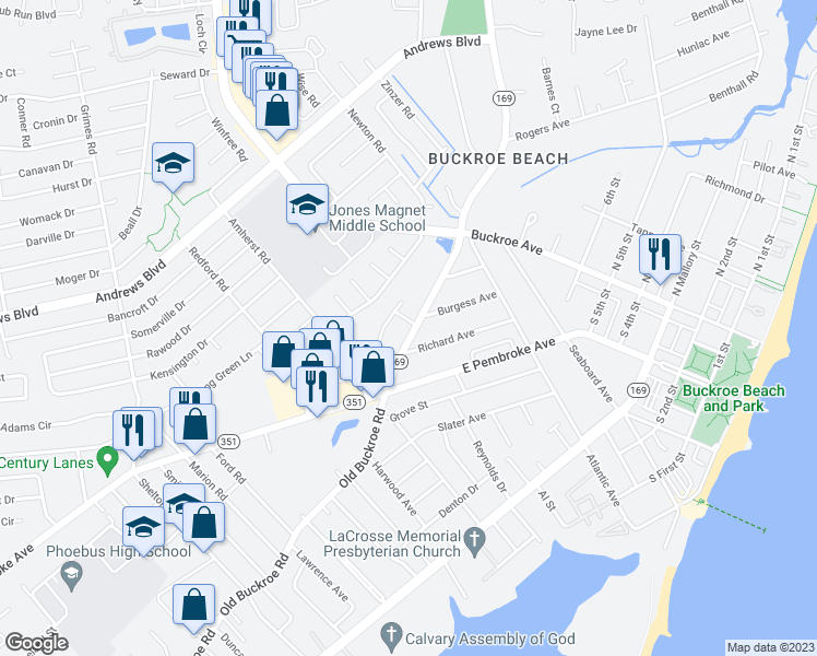 map of restaurants, bars, coffee shops, grocery stores, and more near 1 Daniel Lane in Hampton