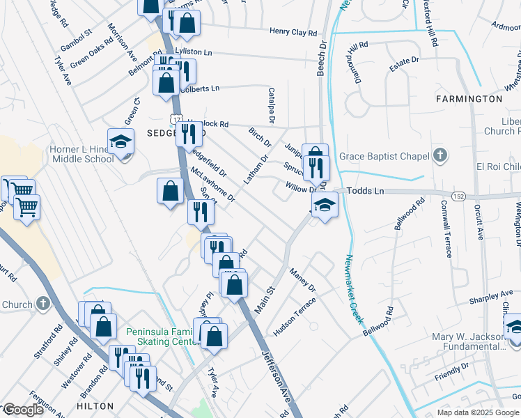 map of restaurants, bars, coffee shops, grocery stores, and more near 712 Sedgefield Drive in Newport News