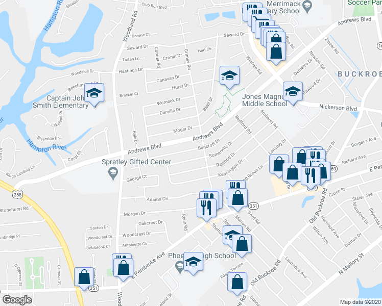 map of restaurants, bars, coffee shops, grocery stores, and more near 1836 Bancroft Drive in Hampton