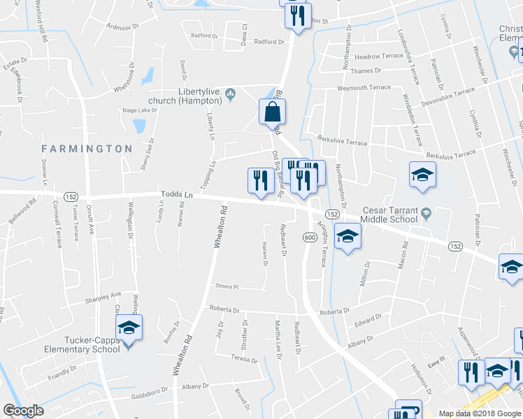 map of restaurants, bars, coffee shops, grocery stores, and more near 1218 Todds Ln in Hampton