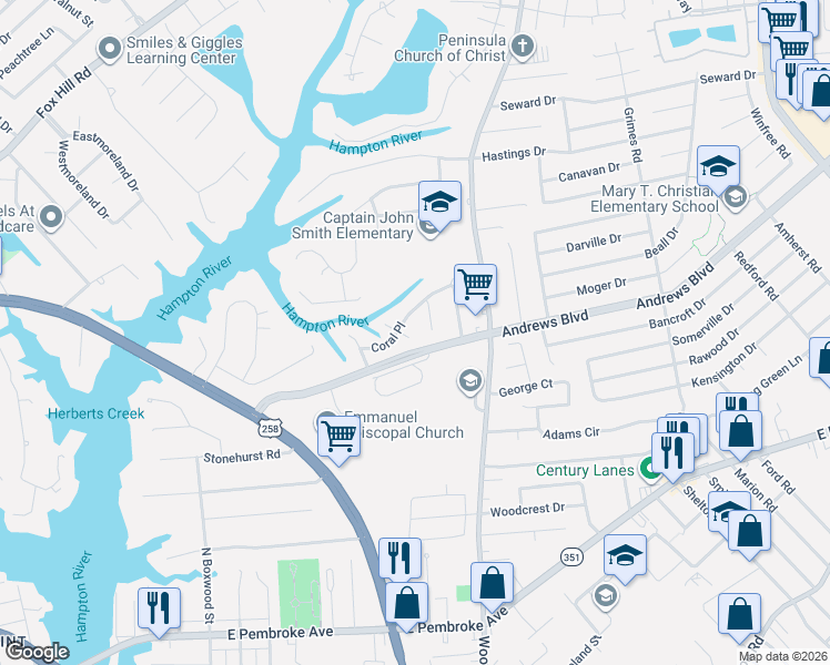 map of restaurants, bars, coffee shops, grocery stores, and more near 300 South Starfish Court in Hampton